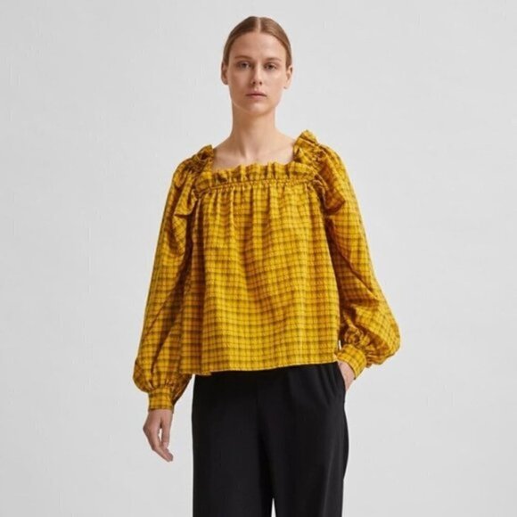 𝅺SELECTED Femme | Nwt Yellow Plaid Blouse - Picture 2 of 13